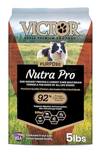 VICTOR Super Premium Dog Food – Purpose Nutra Pro – Gluten-Free, High Protein Low Carb Dry Kibble for Active Dogs of All Ages – Ideal for Sporting, Pregnant or Nursing Dogs & Puppies, 5lbs