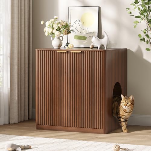 Halitaa Litter Box Enclosure with Charging Station for Automatic Litter Box Cat Robot 3/4 Modern Fluted Cat Litter Box Furniture Hidden Litter Box Wooden Cat Box Enclosure Side Table Walnut