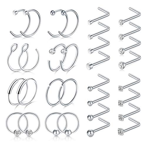 D.Bella 18G Nose Rings Hoop L-Shaped & C-Shaped Nose Rings Piercing Stainless Steel Nose Studs Screw Tragus Cartilage Helix Ear Piercing Hoop Jewelry Set 32pcs