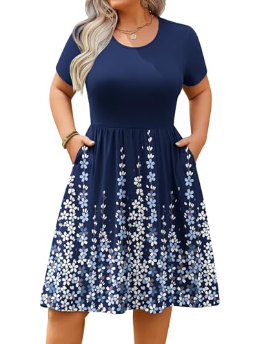 Image of IN'VOLAND Womens Plus Size Summer Dress Short Sleeve Casual Mini Dresses Empire Waist T-Shirt Dress with Pockets