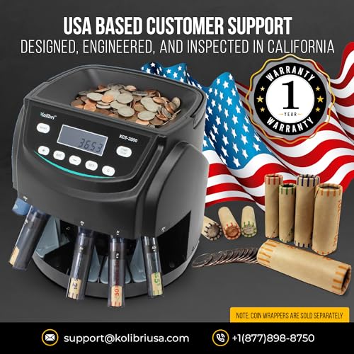 Image of Kolibri KCS-2000 Professional USD Coin Counter Machine, Coin Sorter, Wrapper /Roller | 300 Coins /min, LED Display, Batch Feature | USD Change Counter (USA Tech Support)
