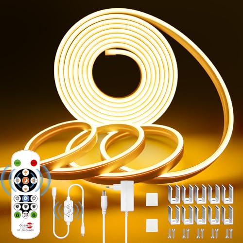 Neon LED Strip 5M Warm Wit, 2700K Strip 24V Dimbaar, Lichtstrook IP65 Waterdicht, Lichtstrook met Afstandsbediening en Voeding, LED Strip 5M Silicone DIY Flexibel voor Buiten Keuken Binnen