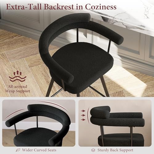 Image of STHOUYN 26 inch Black Swivel Bar Stools Set of 4, Modern Boucle Counter Height Bar Stools with High Back and Metal Legs, Upholstered Bar Chairs Barstools for Kitchen Island, Dining Room (4, Black)