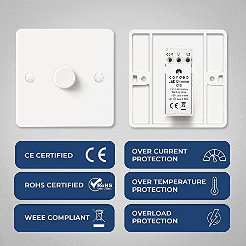 Candeo Dimmer Switch for LED lights. Used for dimmable LED/Incandescent/halogen bulbs. Rotary knob, 1-gang / 2-way dimmer-switch. Silent and flicker free dimming. No neutral required