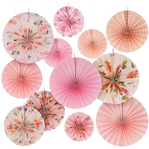 Image of Thenshop 12 Pcs Pink Hanging Paper Fans Decoration Wedding Boho Floral Round Paper Fans Vintage Style Ceiling Hanging Flower Decor for Tea Party Wedding Garden Bridal Birthday Events