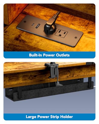 Image of HUANUO 65″ L Shaped Standing Desk with 3 Drawers, Vintage Brown | Built-in Power Outlets, LED Strip, Smooth Electric Height Adjustment, 4 Memory Presets, 220 lbs Capacity, Power Strip Holder