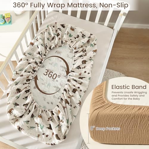 Image of david's kids Muslin Crib Sheets for Boys, 2 Pack 100% Cotton Soft Breathable Fitted Baby Sheet Set, Standard 52 inchx28 inch Crib and Toddler Mattress, Woodland Animal