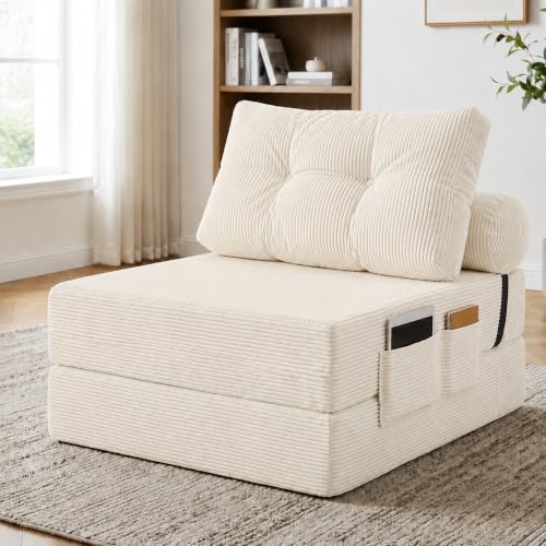 Image of Floor Sofa Bed, Convertible 2-in-1 Corduroy Couch with High-Density Sponge, Foldable Stackable Seat for Living Room Bedroom Dorm Game Room, No Assembly Required (White)