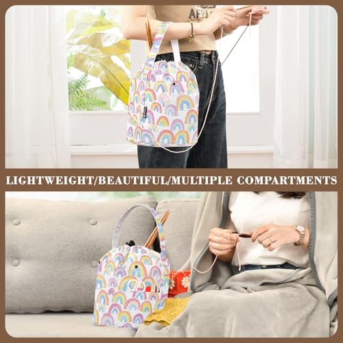 Image of ElliTarr Crochet Bag Yarn Bag with Handle Portable Knitting Project Bag Travel Yarn Storage Organizer Holder Case Gradient Cute Rainbows