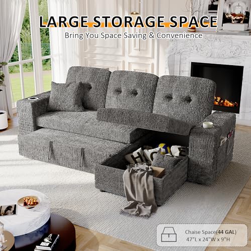 Image of 90 Inch Modular Sectional Sleeper Sofa Bed, 4 in 1 Pull Out Couch Bed with Reclining Backrest | Reversible Storage Chaise | Wide Armrest | Tool Free Assembly, Chenille Fabric, Grey