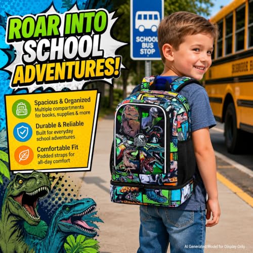 Image of WZLVO 2-In-1 Boys Dinosaur Backpack Set, 17 inch Cool UV Printing Kids Bookbag /School Bag with Built-in Lunch Compartment & Pencil Bag for Preschool to Elementary - Dinosaur Khaki