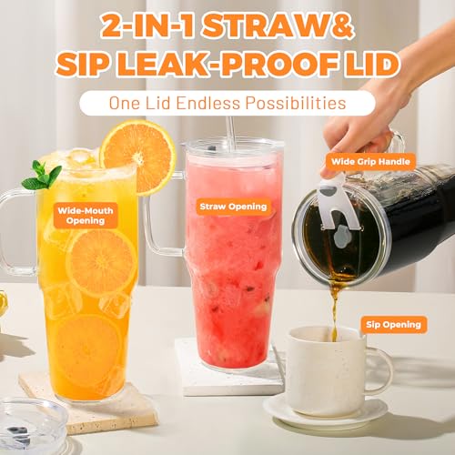 Image of Birity 2Pack 40OZ Glass Tumbler with Handle,Glass Cup with Lid and Straw,Reusable Glass Iced Coffee Cup for Beer, Smoothies, Juice,Hot /Cold Drinks-Suitable for Birthday,Wedding