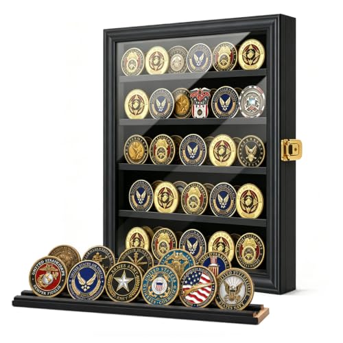 Image of Jinchuan Military Challenge Coin Display Case Lockable Cabinet Rack Holder Shadow Box with Removable 2 Grooves Shelves and Anti Dust Door for Casino Poker Chips Collectibles, Small - Black