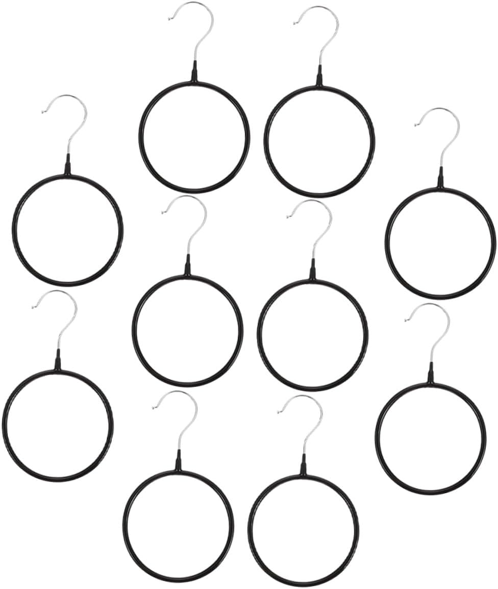 10pcs Heavy-Duty Scarf Organizer Rings with Hook, Black Plastic-Coated Iron Scarf Hangers for Closet Necktie and Belt Storage, Space-Saving Accessory Organizer for Home Use