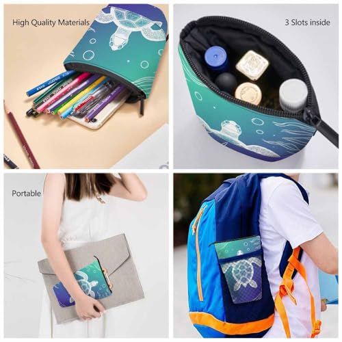 Image of Swono Turtle Pencil Pouch Marine Ocean Sea Aquatic Tortoise Line Art Style Stand Up Pencil Case Organizer Pencil Holder Makeup Bag Gift Aqua Blue