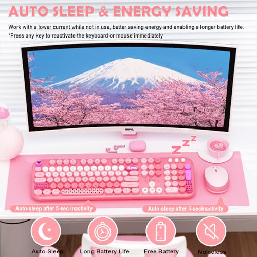 Image of Wireless Keyboard and Mouse,MOFII 104 Round Keys Lovely Full-Size Cute Colorful Keyboard and Mouse with Retro Typewriter for PC /Mac /Laptop /Tablet /Computer /Windows Pink