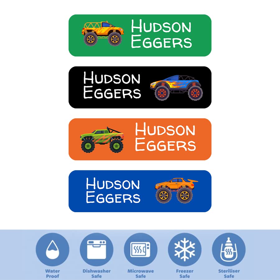 128 Monster Trucks Custom Kid Name Label for Daycare, Waterproof Dishwasher Safe, Personalized Name Sticker for Camp, School Supply, Baby Bottle, Lunch Boxes, Water Bottle, Cups(Pattern 1)