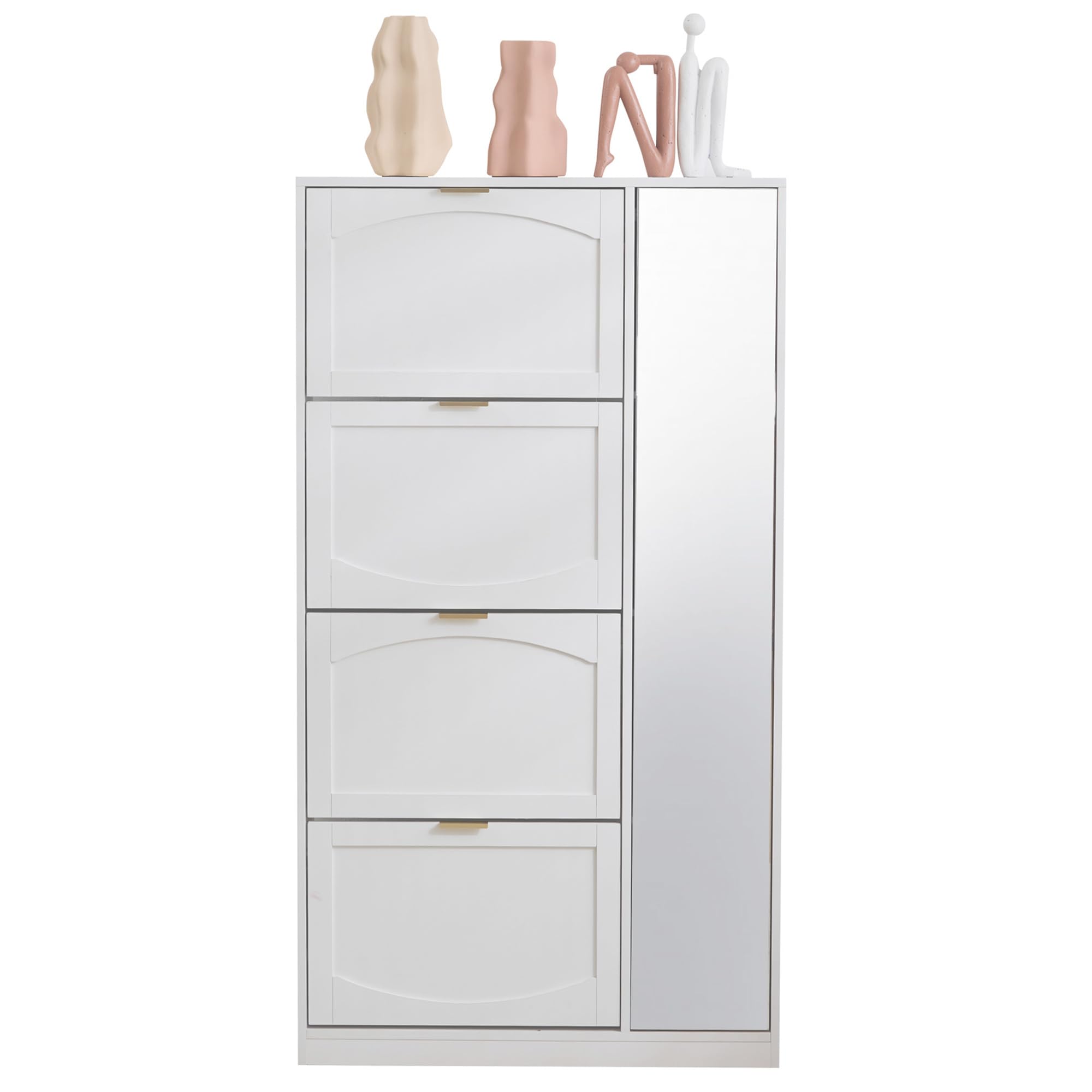 Muskel Zapatero con espejo y 4 compartimentos plegables – Armario de pasillo moderno con estantes ajustables – Zapatero para entrada o sala de estar – Blanco B80 × 24 × H 147 cm