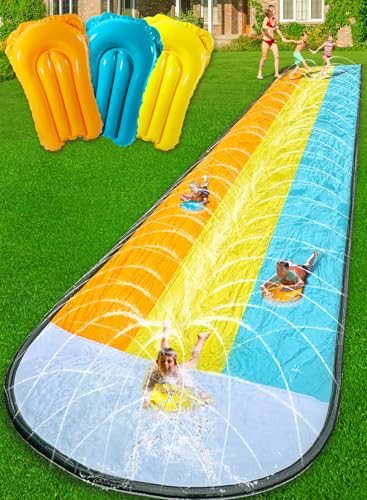 BesFlow Slip and Water Slip?Water Slide for Kids Backyard 22ft*3 Lane Color-Block,Surrounding Sprinkler Summer Toys for Kids Outdoor with 3 Bodyboards