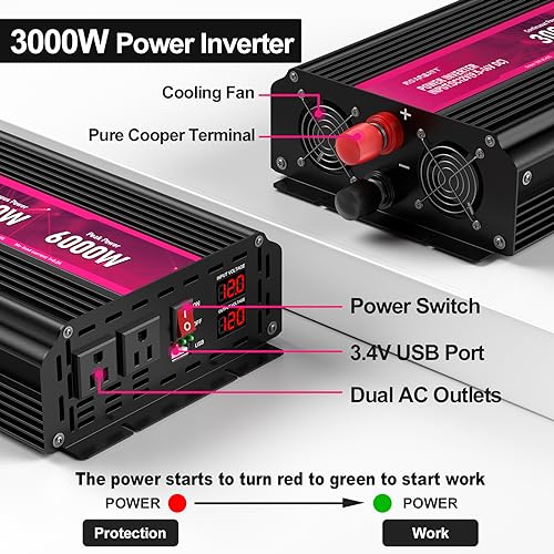 3000W Power Inverter,12V DC to AC 110V120V Peak Power 6000W with 2AC Outlets and 2.4USB Port,LCD Display Car Inverter for Outdoor Activities,Emergency