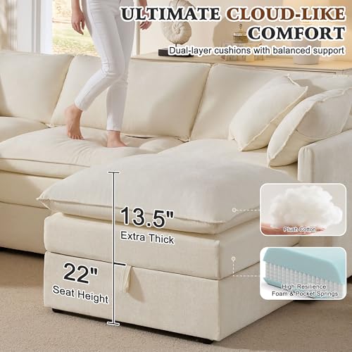 Image of Ihanherry Oversized Sectional Sofa Bed with Storage, 103 inch 6-Seater Modular Cloud Couch with Movable Ottomans, Chenille Deep Seat Sleeper Couches for Living Room (Beige)