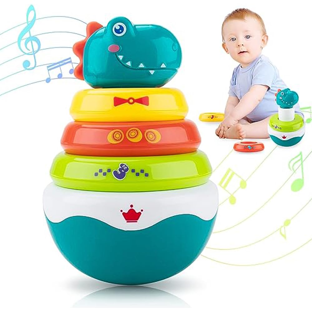 AMERTEER Dino Stacking Roly-Poly - Stacks of Circles Stacking Ring STEM Learning Toy, Age 6+ Months