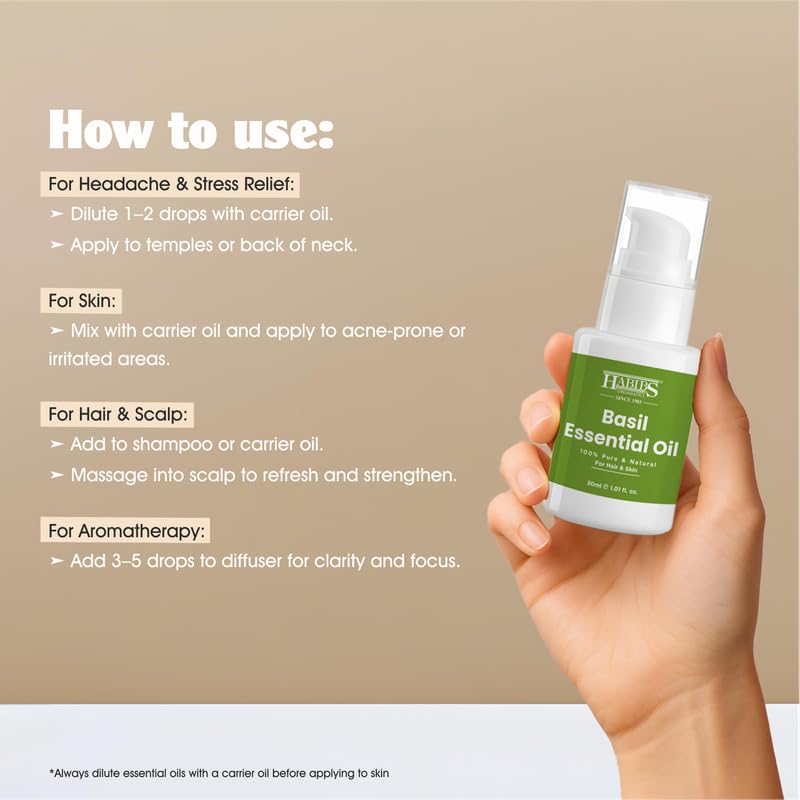 Image of Habibs Pure Basil Essential Oil - 100% Undiluted, Therapeutic Grade for Stress Relief & Mental Clarity 30ML
