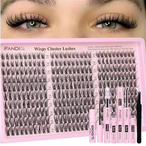 Lash Clusters Kit Wispy Eyelash Clusters Lashes Natural 10-16mm 300pcs Cluster Eyelash Extensions DIY Lash Extension Kit C Curl Individual Lashes with Glue and Remover(Black KIT)