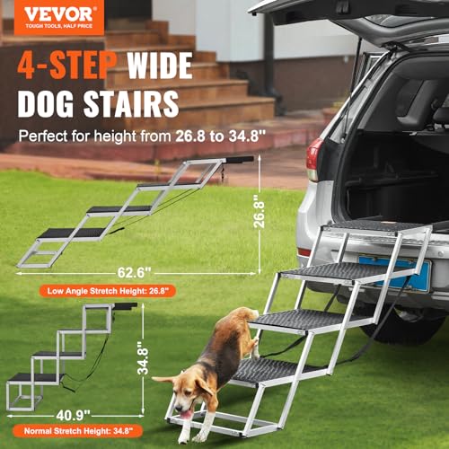 VEVOR Hundetreppe bis zu 113 kg belastbar, 4-stufige Hunderampe, zusammenklappbare Haustiertreppe mit Rutschfester Oberfläche, Einstiegshilfe Hund Auto, Treppen & Stufen für Auto, SUV und LKW