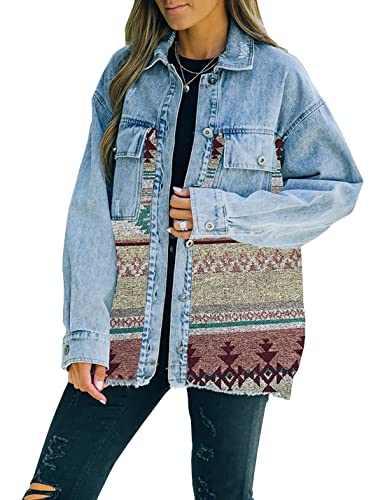 Lumister Chaqueta de mezclilla azteca para mujer con solapa