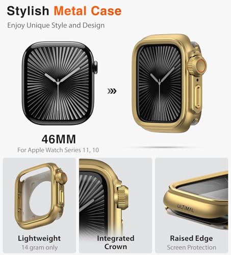Image of ULTIMAL Metal Case Compatible with Apple Watch Series 11 /10 46mm with Back Cover, Military Grade Shockproof Protective Case, Rugged Cover for iWatch 46mm (Gold)