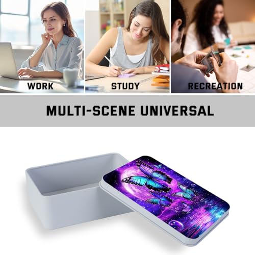Image of Metal Tin Box with Lid for Game Cards Home Organizer Candles Keys Crafts Storage - Equipped with 4 Magnetic Cord Clips,Purple Moon Blue Butterfly