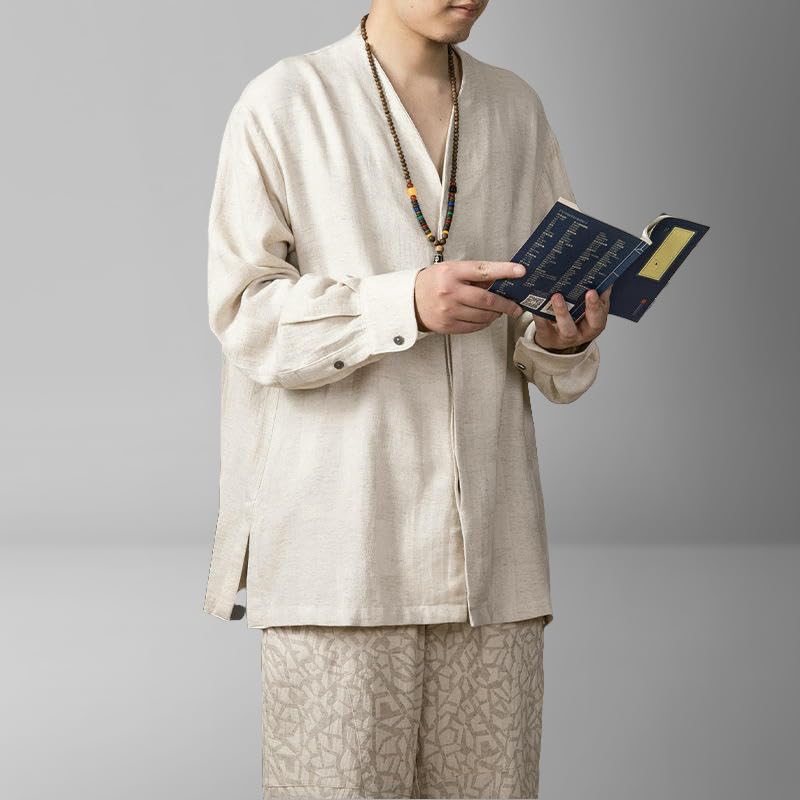 Chemise style chinois hommes automne coton lin rétro - 4