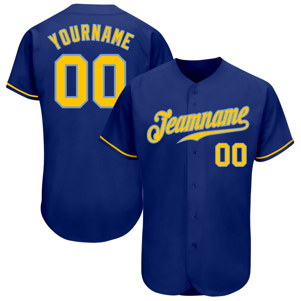 Generic Custom Baseball Jersey, Printed Stitched Personalized Name Number, Royal Gold Light Blue Baseball Shirt Men Women Youth