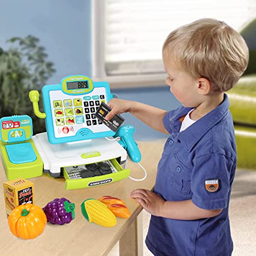 Image of FS Pretend Play Cash Register Toys with Scanner, Calculator, Large Drawer, Microphone, Play Food, Supermarket Cashier Register Toy, Pre-School Gift for Kids, Toddlers, Boys & Girls, Ages 3 4 5 6 7 8