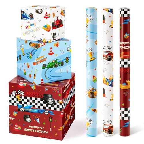 WERNNSAI Rennauto Geschenkpapier – 3 Rollen Ren Geschenkpapier Kindergeburtstag Junge Rot Autos Geschenkverpackung mit Schnittlinien Cars Geburtstagsdeko 43cm x 3m