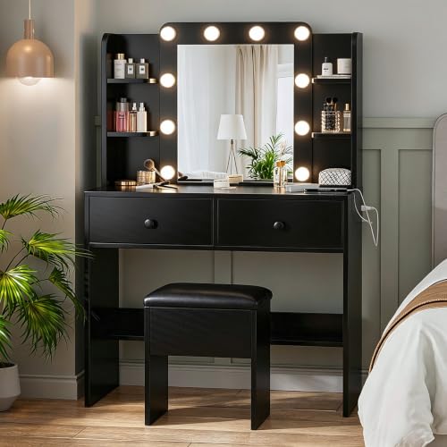 Image of Haewon Makeup Vanity Desk with Lighted Mirror and Chair Set, Black