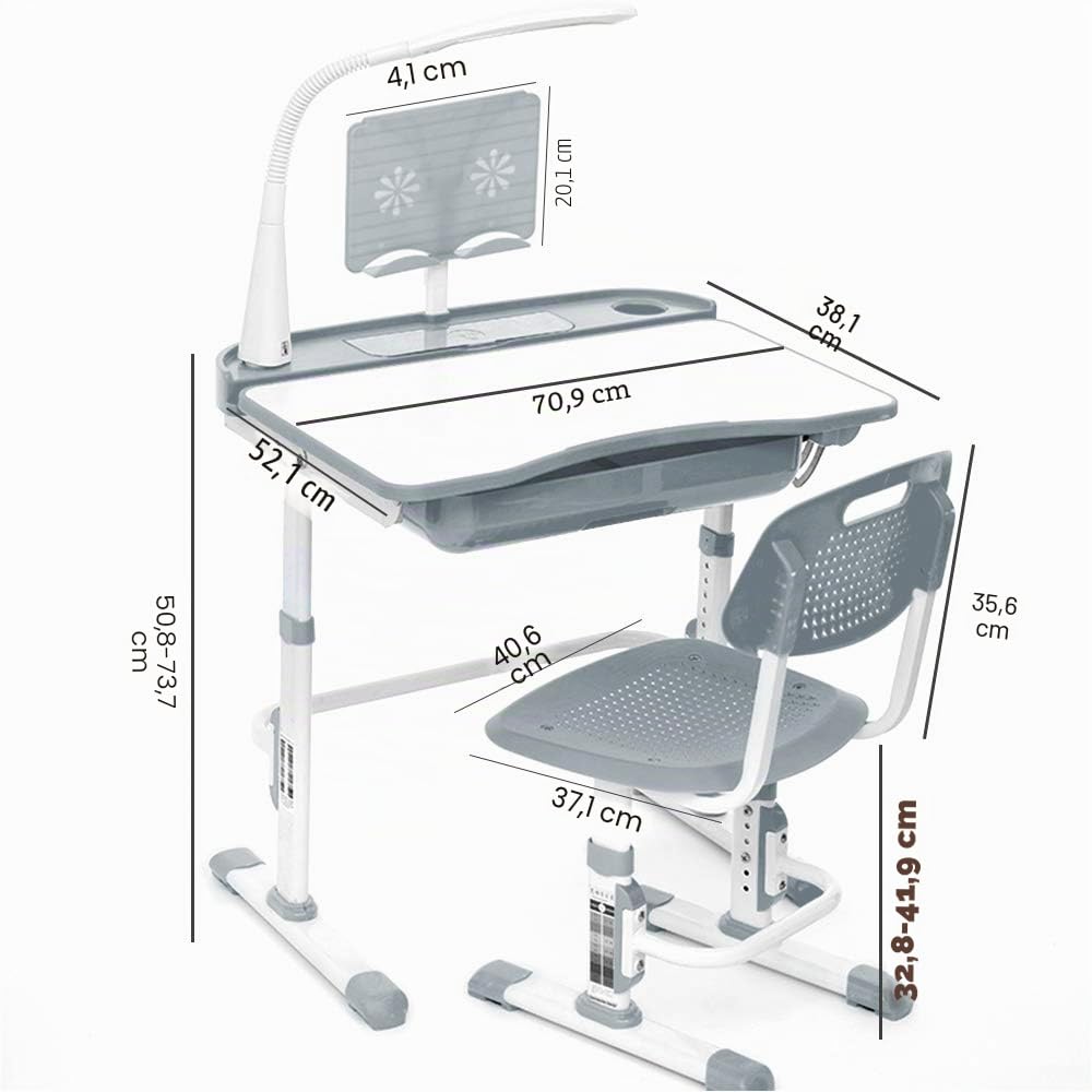 Yinleader Kids Juego de escritorio y silla para niños, mesa ajustable con lámpara de protección visual, soporte para libros, escritorio basculante ideal para escribir, leer y dibujar (gris)