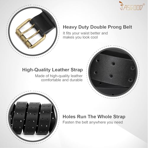 Image of JASGOOD Men Double Prong PU Leather Belt Casual Work Heavy Duty Belt Double Grommet Holes Belt for Jeans