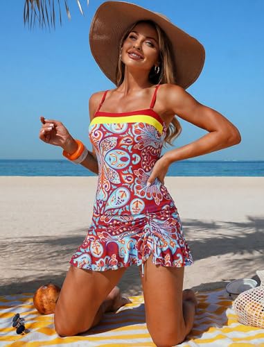 Image of ZAFUL Colorblock Bandeau Tankini Swimsuits for Women 2 Piece Tummy Control Bathing Suit Drawstring Ruffle Swim Skort