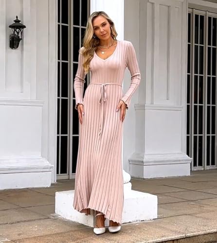 Image of Women's Long Knit Crewneck Sweater Dress Tie Waist A-Line Swing Pleated Bodycon