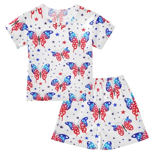 CHIFIGNO Red Blue Butterflies Stars Summer Pajama Set, Short Sleeve Cozy Pj's with Pocket, Ages 5