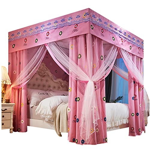 Susisang Bed Curtain Four Poster Bed Canopy Mosquito Net Double Layer Princess Blackout Curtains Canopy with Frame 18 - Hole Mesh Design Exquisite Bedroom Decoration (pink,150 * 200 * 200)