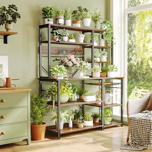 Image of SUPERJARE Larger Bakers Rack with Power Outlets, 6-Tier Microwave Stand, Coffee Bar with 12 S-Shaped Hooks, Kitchen Shelf with Wire Basket, 47.2 x 15.5X 66.9 Inches, Rustic Brown
