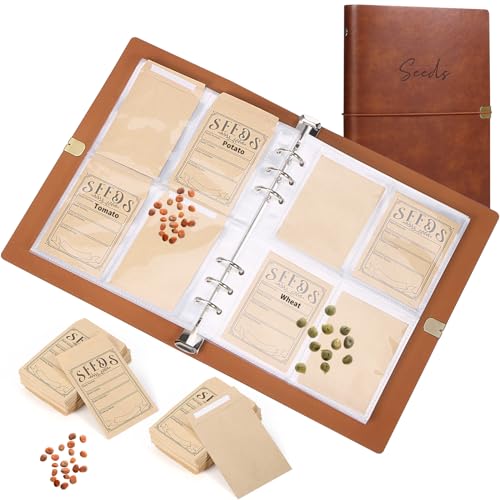 Garden Seed Storage Organizer Binder - 150 Resealable Seed Envelopes Brown Shell with 40 Sheet Protectors for Efficient Seed Packet Organization - Brown