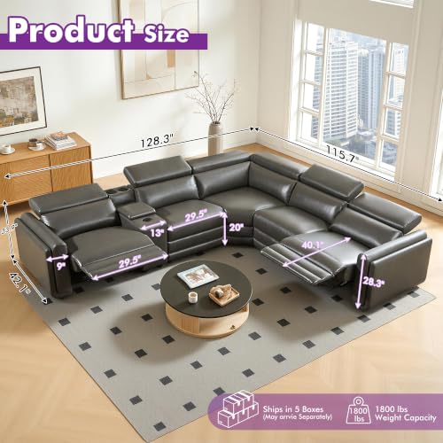 Image of Power Recliner Sofa, Leather Sectional Couch for Living Room, Dark Grey | 3 Bluetooth Speakers & Hidden Storage, Modern L Shaped Reclining Couch with 6 Charging Ports