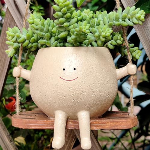 Image of Swing Face Planter Pot Hanging Swinging Smiley Planter Cute Planter for Indoor and Outdoor Plants Succulent Planter for String of Pearls Plants Creative Swing Planter Gifts for Holidays and Parties