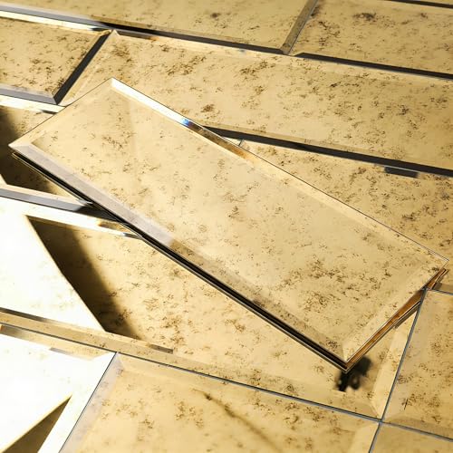 Diflart Peel and Stick Beveled Mirror Tile, Light Antique with Gold, 4x12 Inch, Mirror Backsplash for Kitchen Bar Bathroom Wall Tile (5 Sq.ft, 15 Pcs)