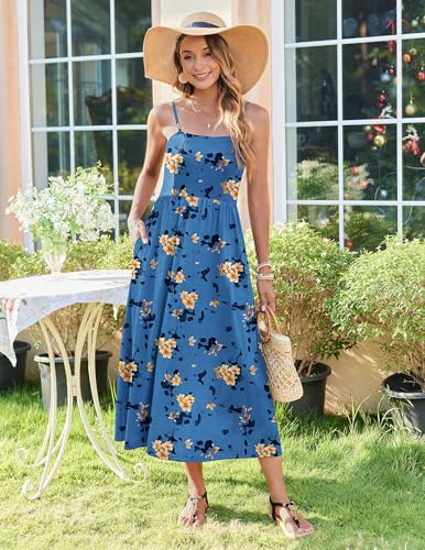Image of Zeagoo Women's Summer Casual Boho Sundress Spaghetti Strap Square Neck Flowy Midi Dresses A Line Beach Dress with Pockets