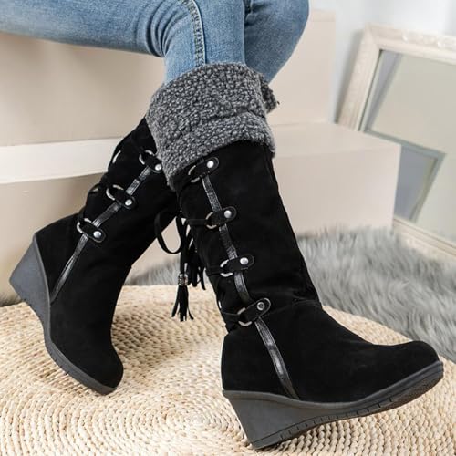 Womens Faux Fur Knee High Boots Fluffy Furry Wedge Heel Pull on Snow Boots Lace up Dressy Warm Winter Shoes3